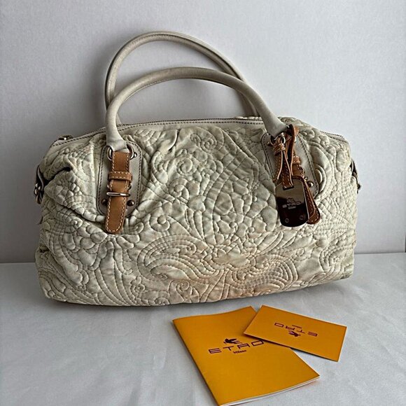 Etro Milano rare Quilted Beige Handbag Leather Trim 1B896-2198 Authentic - Picture 2 of 16